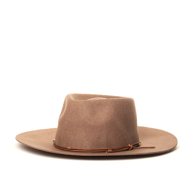 The brown Lennox is a teardrop fedora that is made of 100% wool with a leather cord with brass tubular bead details.